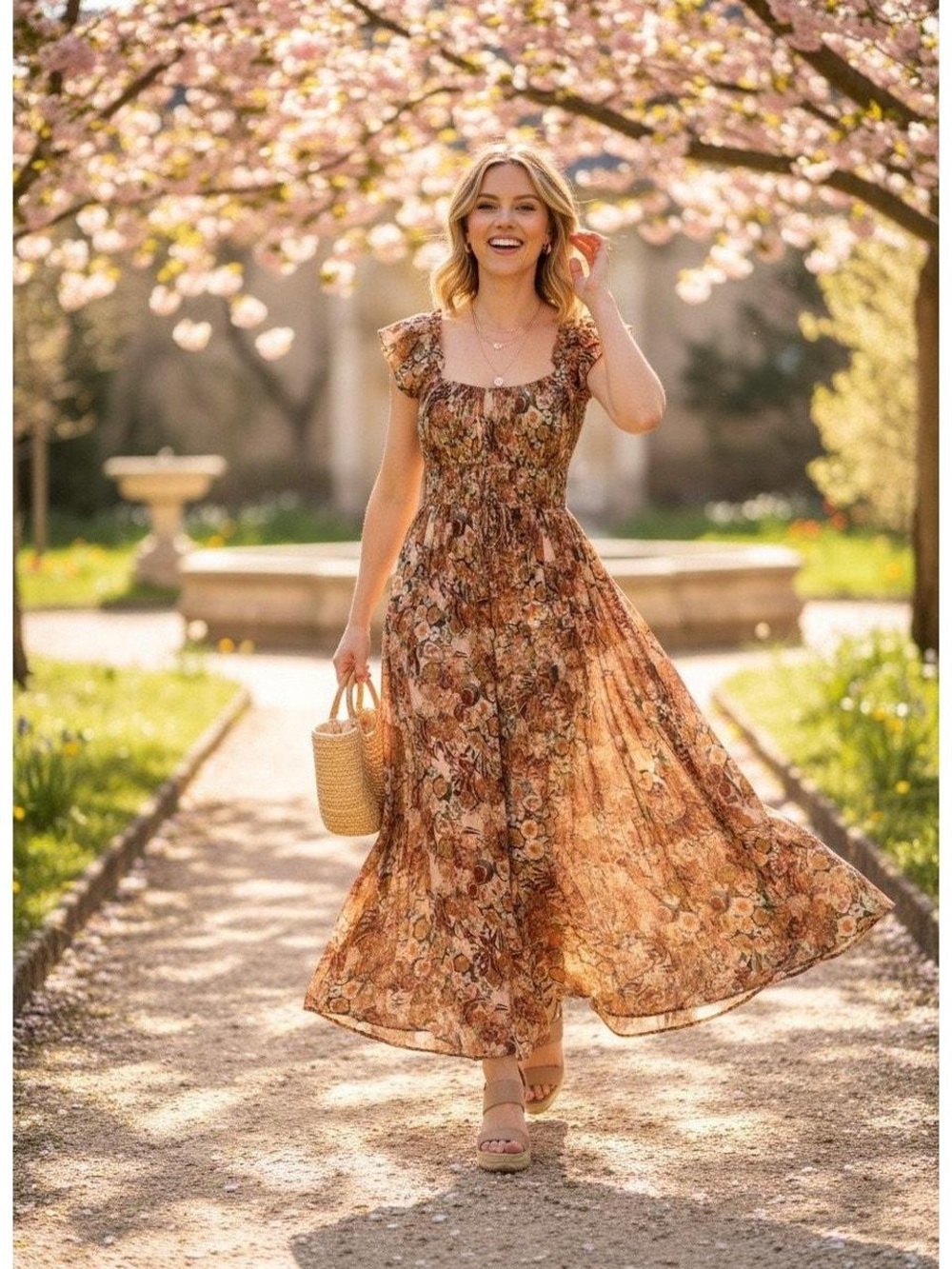 En Saison Floral Ruffled Sleeve Midi Dress in Warm Autumn Tones - Picture 6 of 6